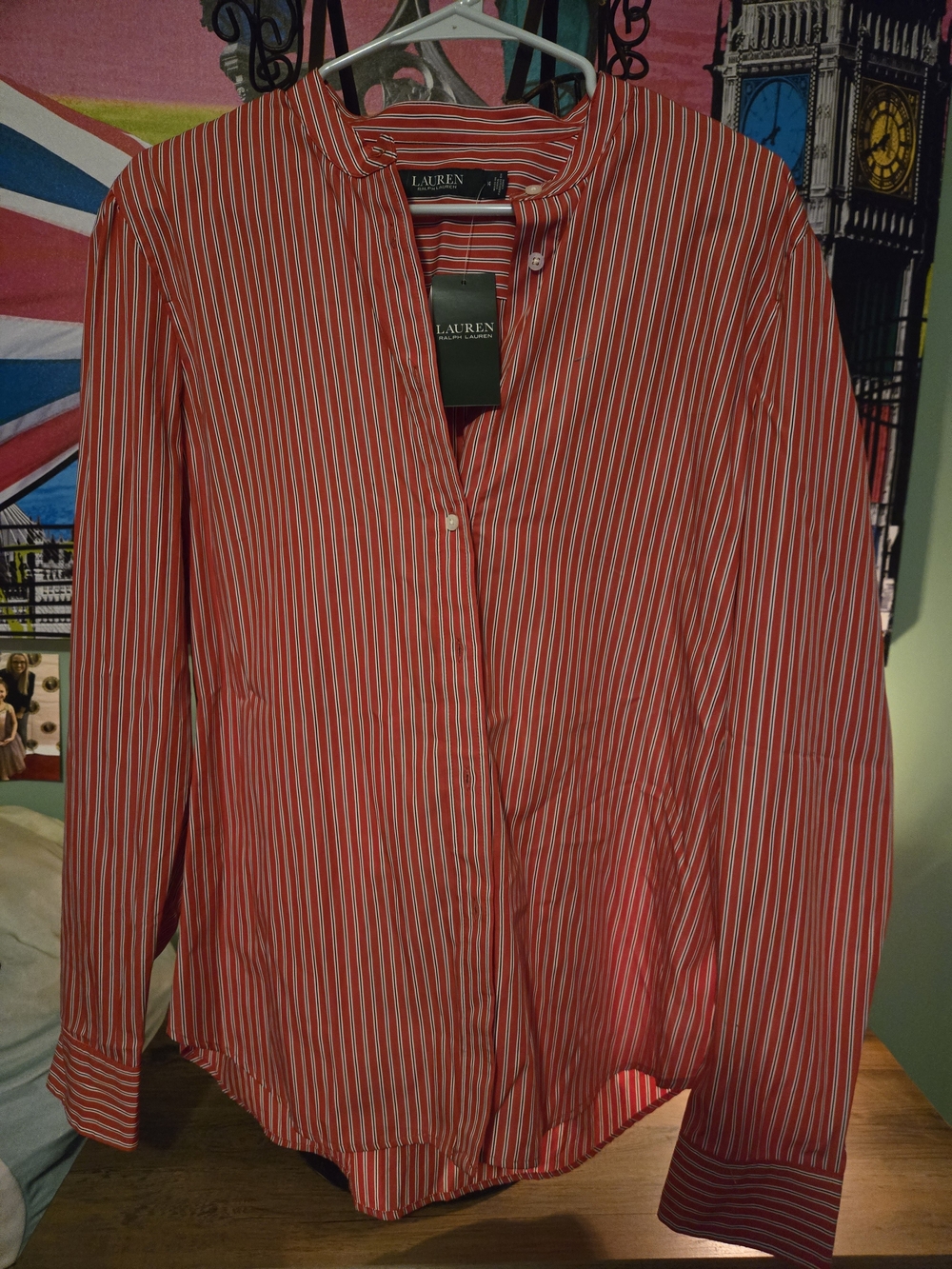 NWT- Lauren Ralph Lauren Red & White Ruffle-Trim Striped Band Collar Blouse - 14